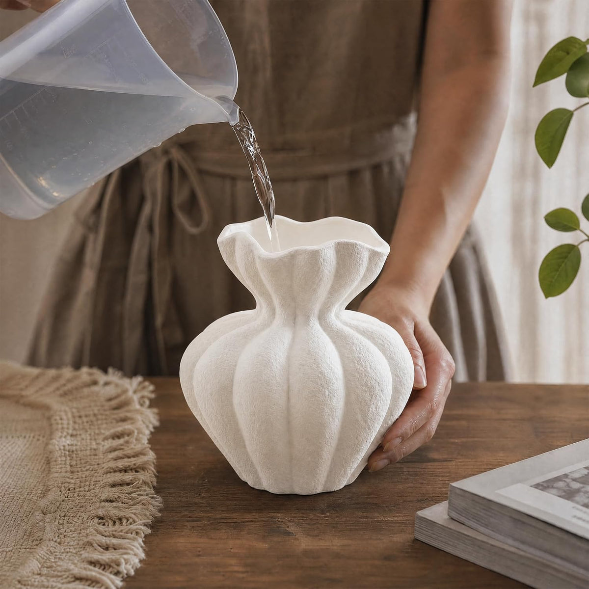 Sylve Ceramic Flower Vase Home Decor, 8.27 Inch White Textured Flower Shaped Vase, Handmade Modern Minimalist Decor for Table Centerpiece Living Room