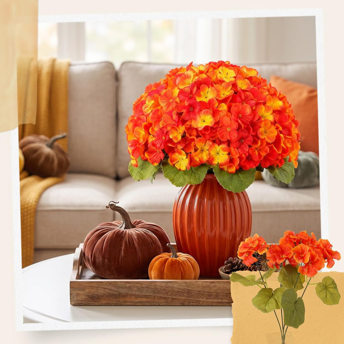 12Pcs Artificial Geraniums for Outdoor, Fall Silk Fake Flowers
