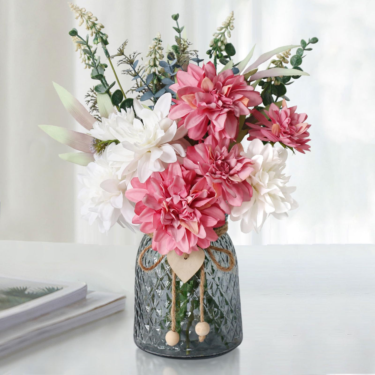 Leftover Fake Flowers with Vase,Silk Dahlia Flowers,Artificial Flowers in Vase,Centerpiece Table Decorations,Flower Centerpieces for Tables,Kitchen Table Decor,Coffee Table Decor