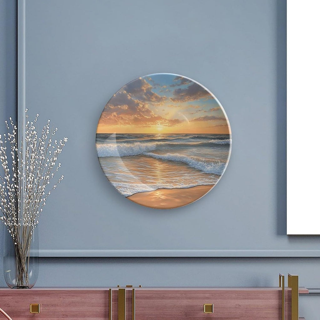 Ocean Sunset Glow Bone China Decorative Plate Ceramic Decorative Plate Home Wall Decor with Vertical Stand Decorative Plates