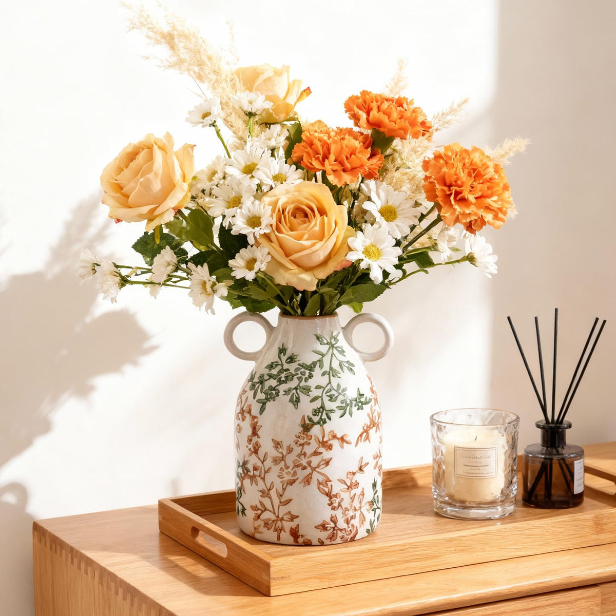 Blue and White Ceramic Vase with Handle, Nordic Boho Small Vases Side Table Flower Centerpiece, Wide Mouth Single Flower Vase Pampas Grass Decorative - for Home Window Sill Living Dining Room Kitchen