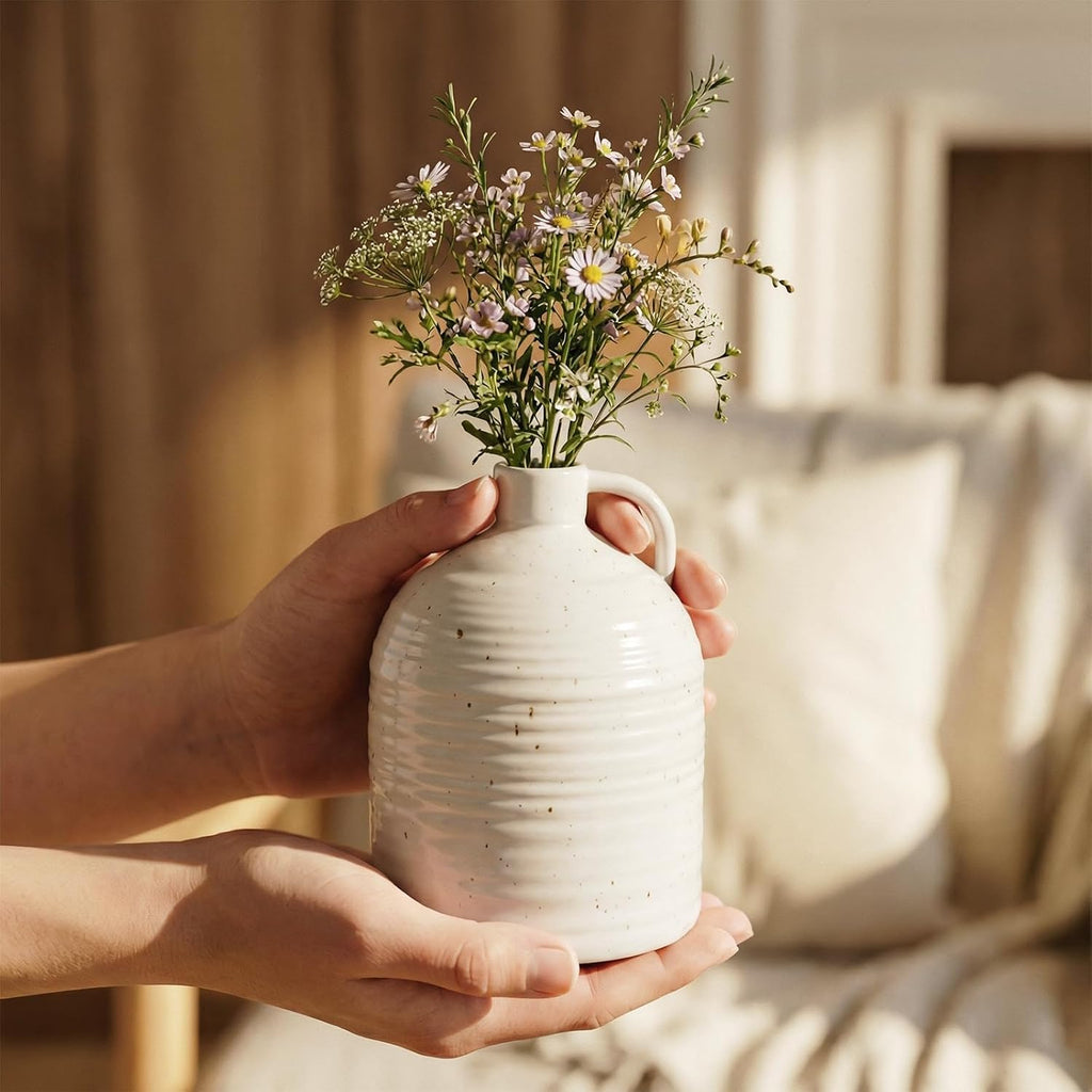 Firehold Ceramic Vase Set of 3 with Handle, Rustic Farmhouse Flower Vases