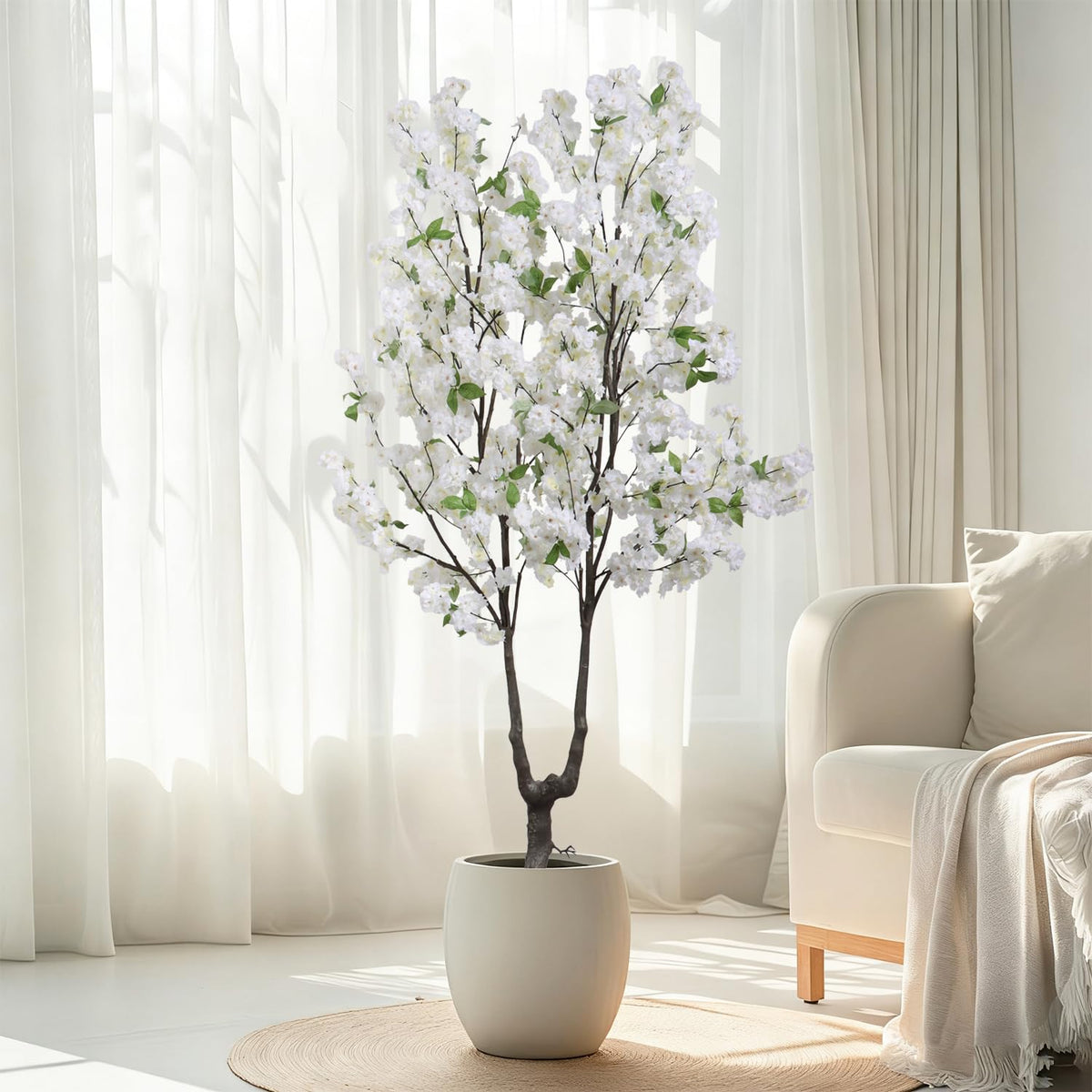 Artificial White Cherry Blossom Tree 6ft(72in) Faux Plant for Indoor Decor