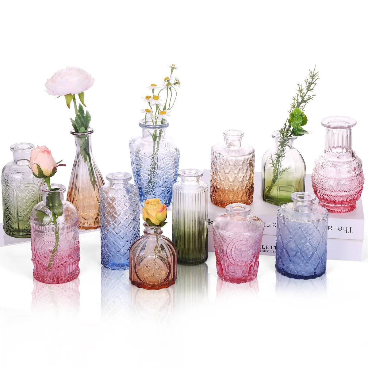 CUCUMI 12pcs Bud Vases for Centerpieces, Pink Glass Vase Set
