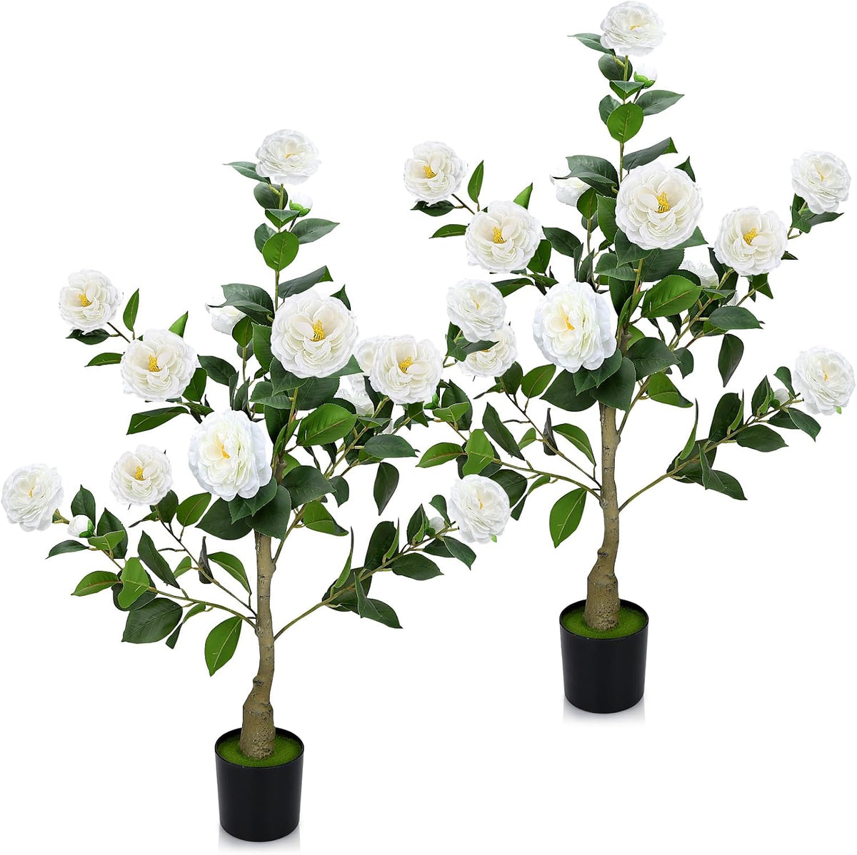 2 Pack 3FT Artificial Camellia Trees with White Flower for Outdoor