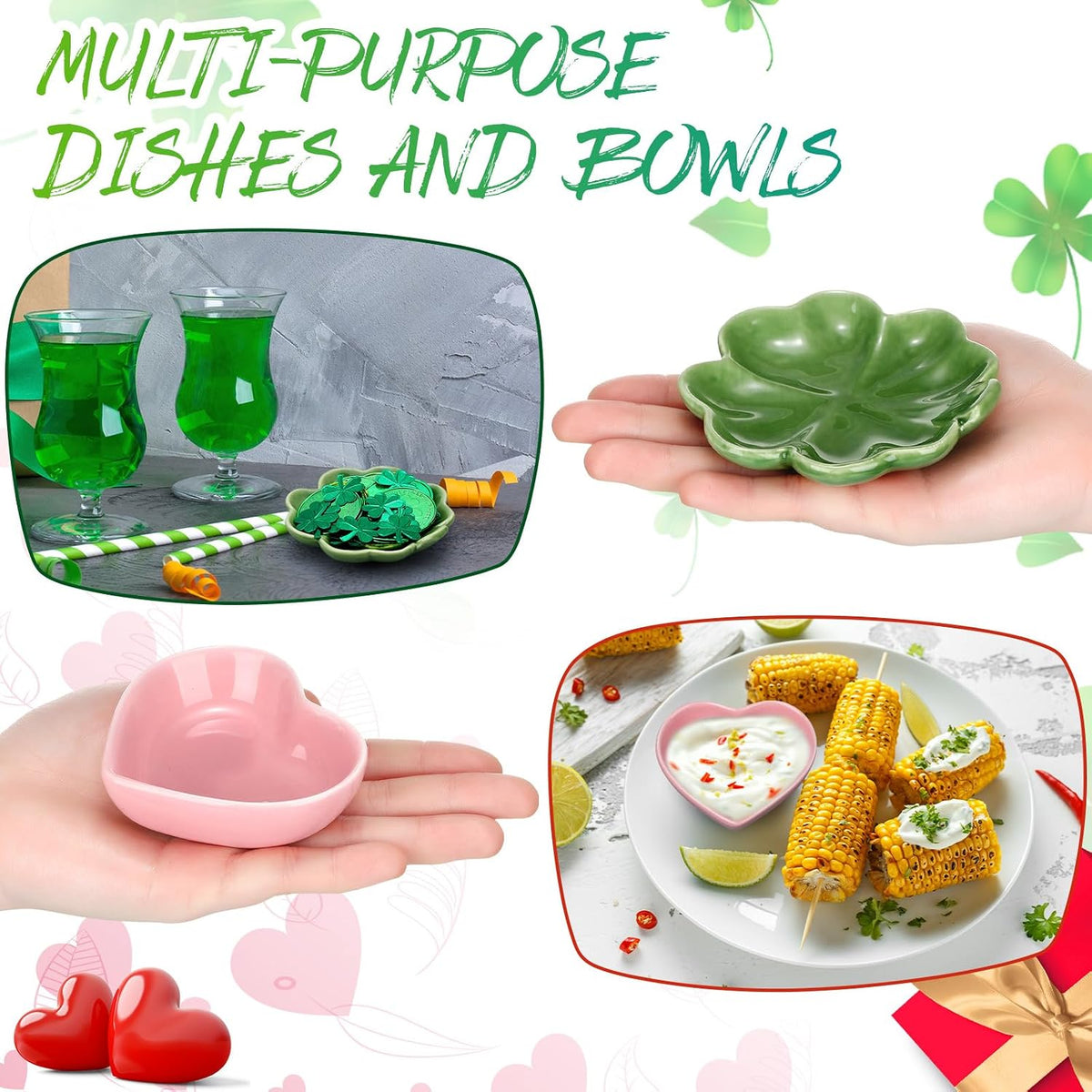 SiliFine 6 Pcs Valentine and St. Patrick's Day Ceramic Candy Dish Set Heart Shaped Bowl and Shamrock Porcelain Bowls Multipurpose Bowl for Valentine Wedding Irish Day Gift Decoration