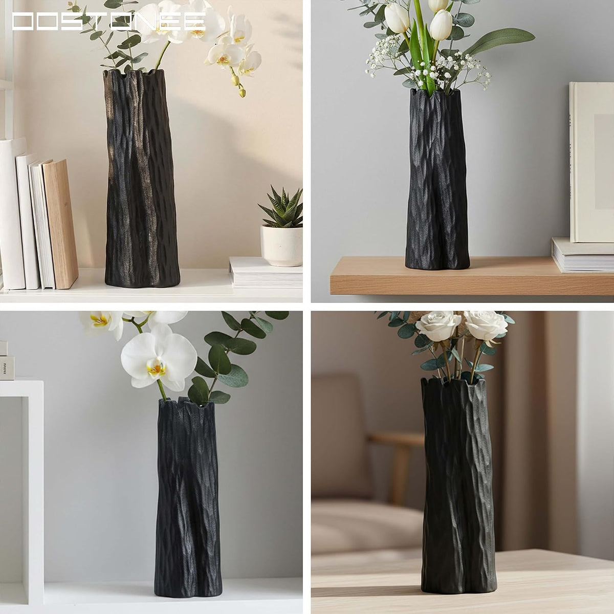 Black Unique Ceramic Vase - Organic Nature Shape for Home Decor, Ceramic Flower Vase for Living Room, Entryway Table Decor, Bookshelf Decor (10.7 inch)