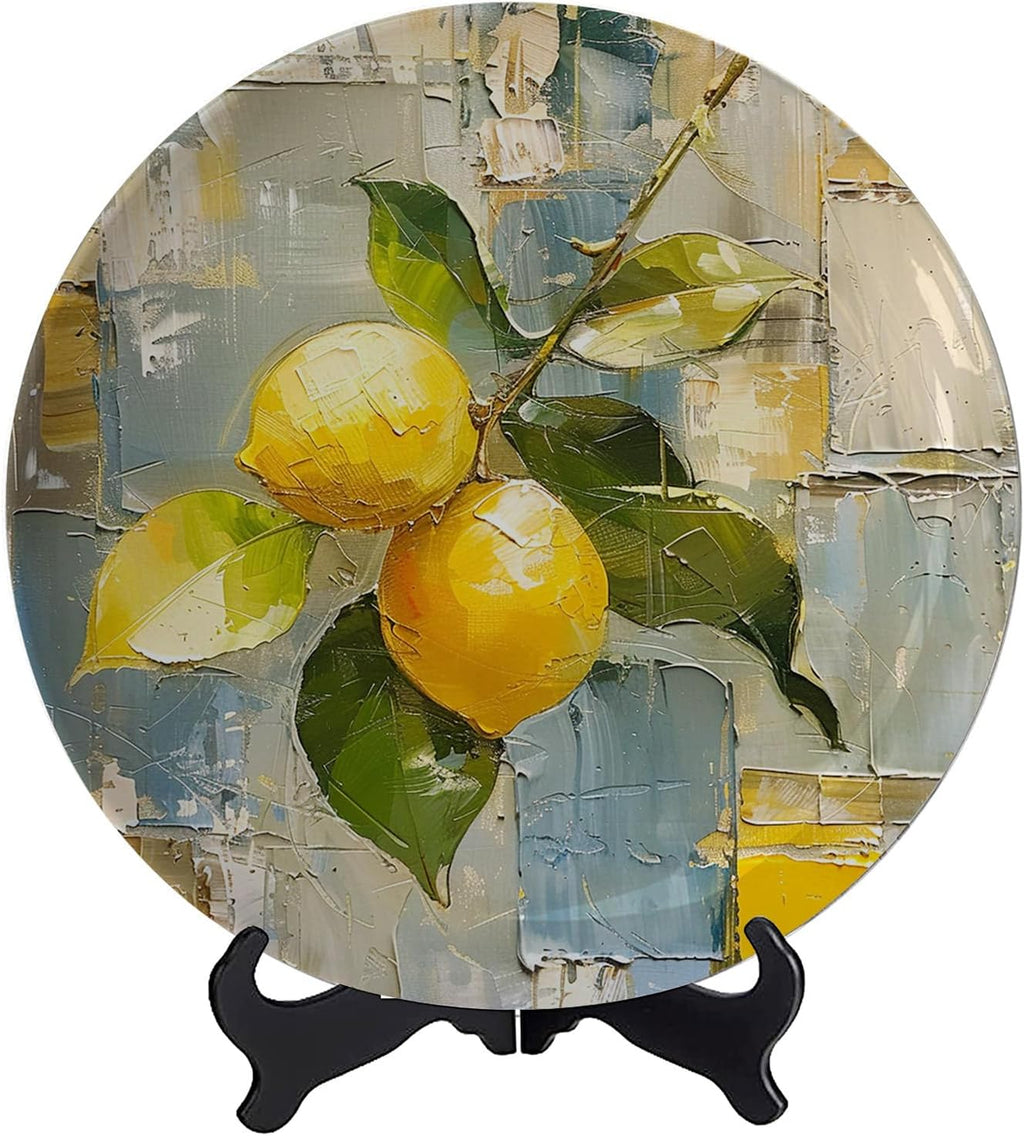 Lemon Abstraction Decorative Plate Ceramic Plate Abstract Paint Round With Display Stand For Home Parties Wedding Collection Decor Porcelain Plates - 10 Inches