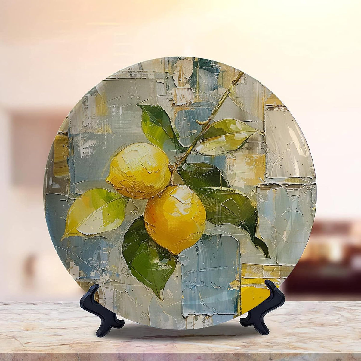 Lemon Abstraction Decorative Plate Ceramic Plate Abstract Paint Round With Display Stand For Home Parties Wedding Collection Decor Porcelain Plates - 10 Inches
