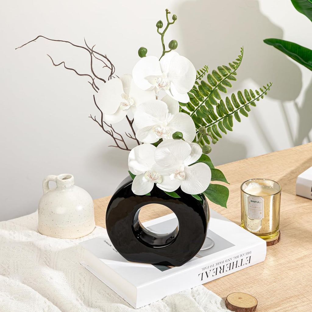 Briful 16.1" Orchid Artificial Flowers in Black Ceramic Vase, White