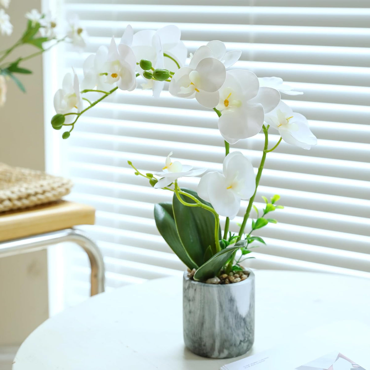 White Fake Orchids Flowers in Pot Bendable Faux Orchids Artificial Flowers Washable Silk Orchid Phalaenopsis Decor for Home Wedding Table Centerpiece Bathroom Office