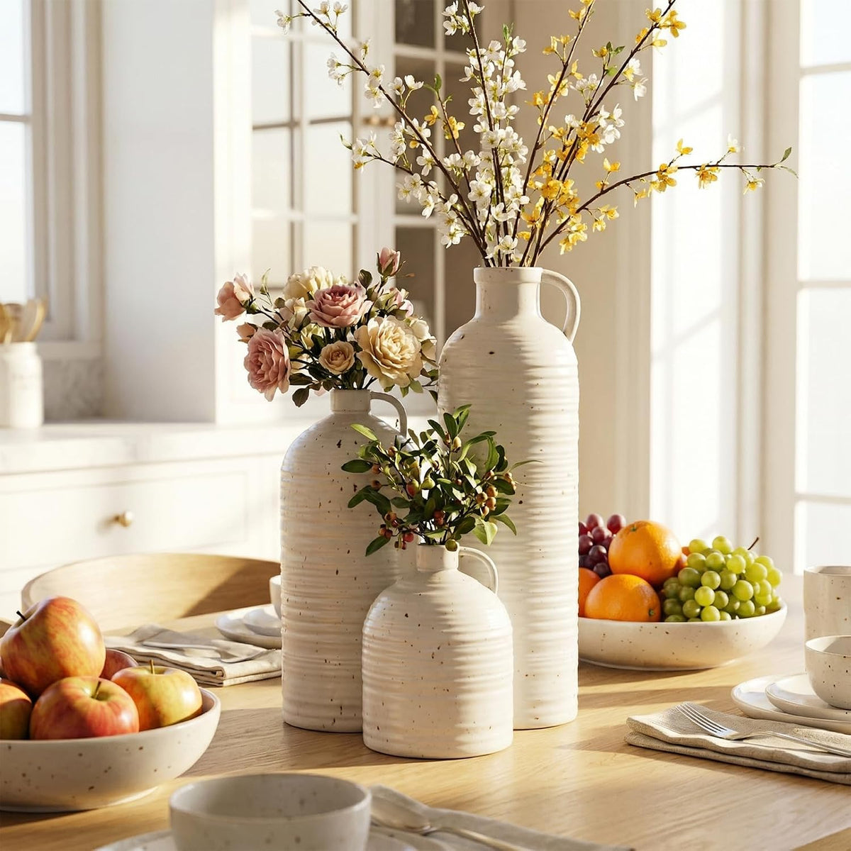 Firehold Ceramic Vase Set of 3 with Handle, Rustic Farmhouse Flower Vases