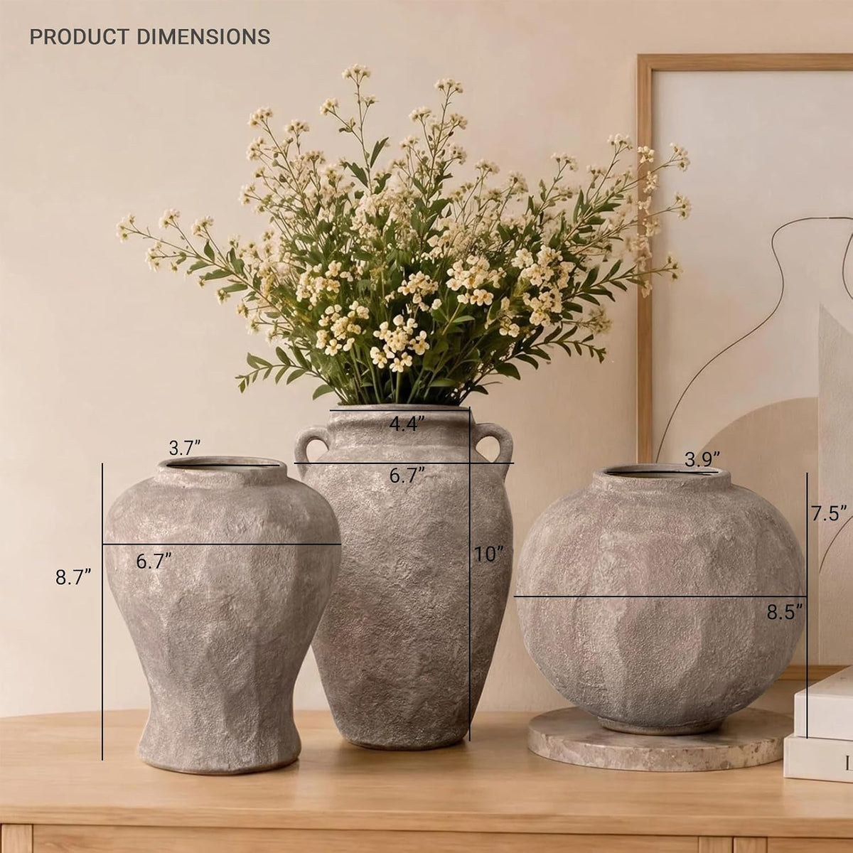 Rustic Ceramic Flower Vase, Vintage Two-Handle Brown Textured Home Décor