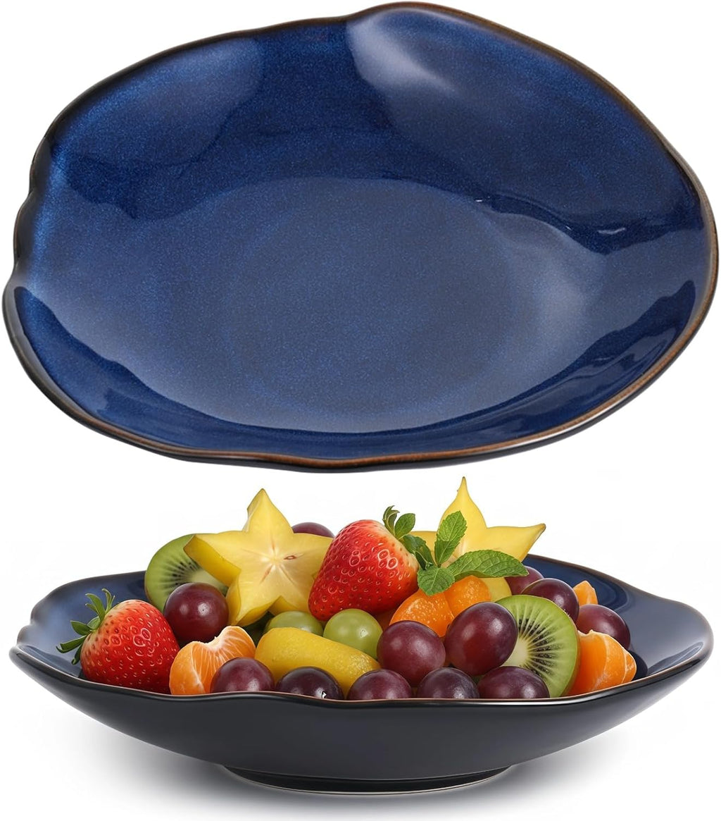 Blue Ceramic Decorative Bowl, Irregular Fruit Plate, Ocean Inspired Porcelain Serving Tray, Glaze Trinket Dish for Kitchen Counter, Entryway Table, Microwave & Dishwasher Safe