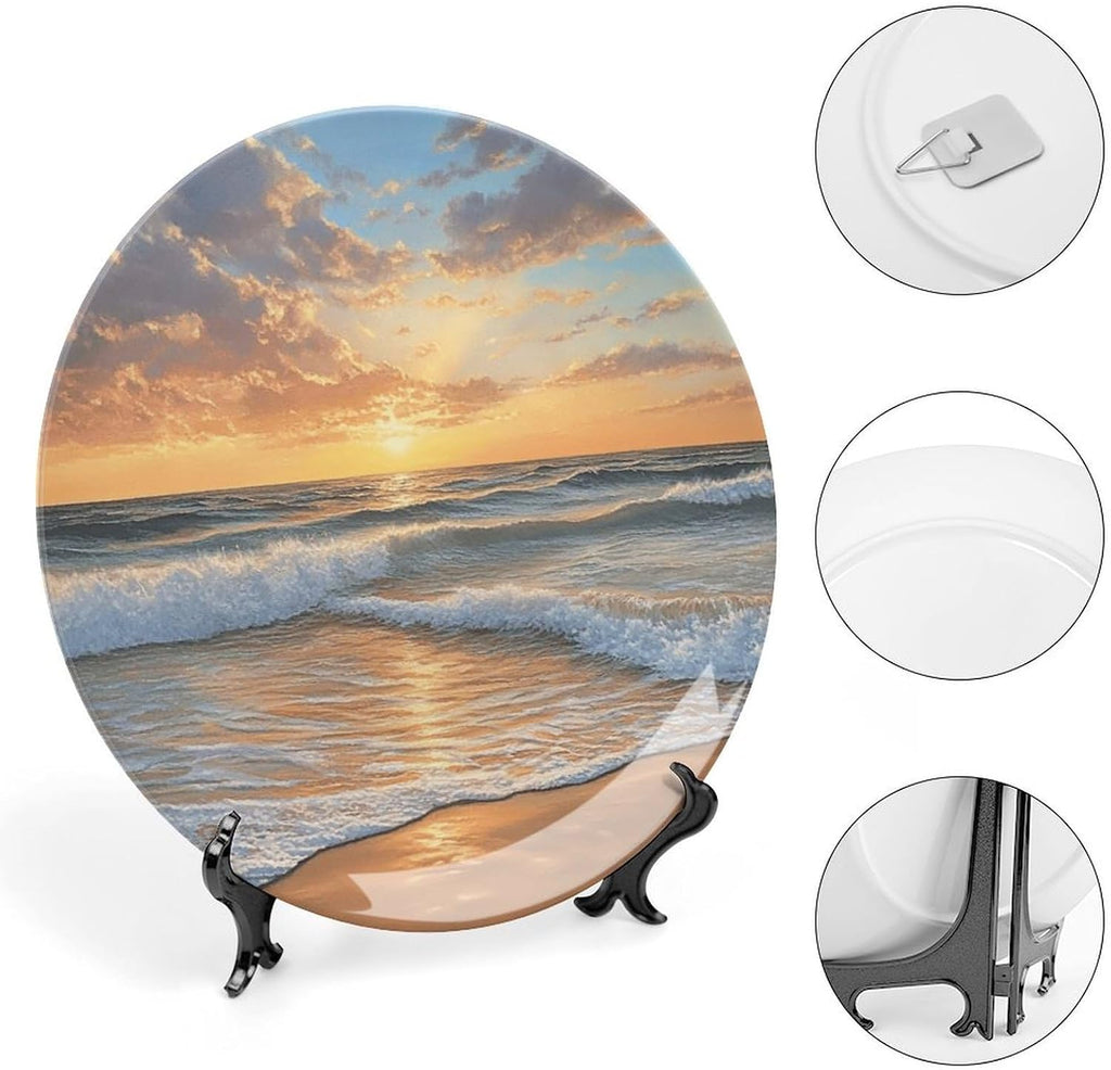 Ocean Sunset Glow Bone China Decorative Plate Ceramic Decorative Plate Home Wall Decor with Vertical Stand Decorative Plates