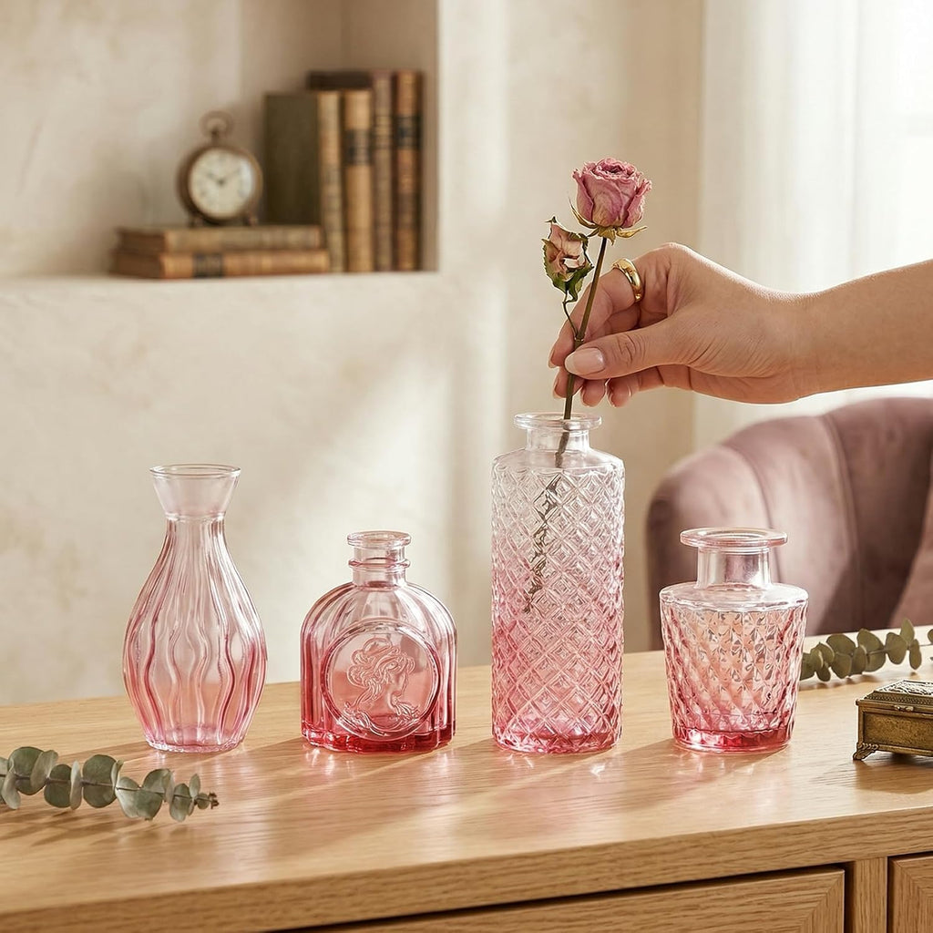 CUCUMI 12pcs Bud Vases for Centerpieces, Pink Glass Vase Set