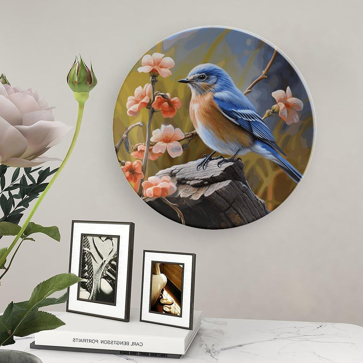Bone China Decorative Plate Elegant Home Decor Plate Cute Eastern Bluebird Printing Wall Hanging Plate For Home Office Decor