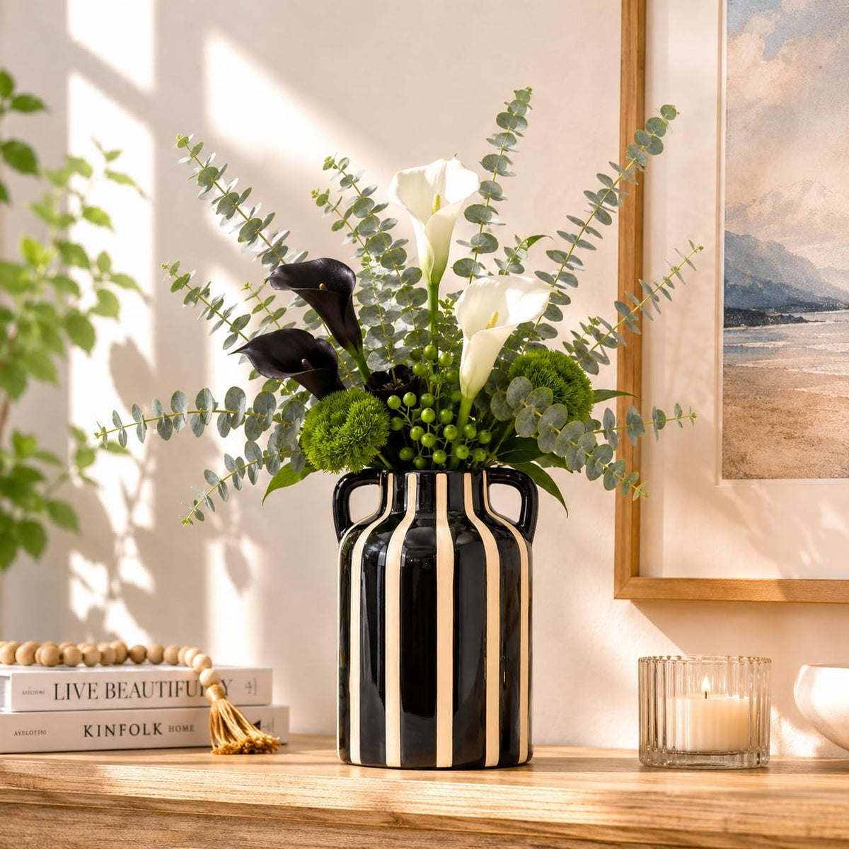 SURE YUESI Black Ceramic Vase with Handles, 9.1 Inch Striped Flower Vase for Halloween Decor, Modern Farmhouse Vase for Pampas Grass, Shelf Decor, Dining Table Centerpiece