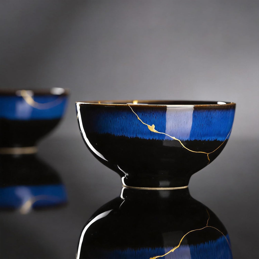 Kintsugi Bowl with 24K Gold, Handmade Blue Ceramic Wabi Sabi