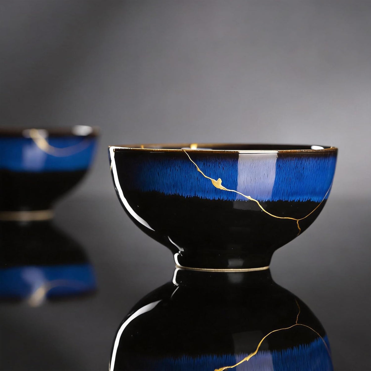 Kintsugi Bowl with 24K Gold, Handmade Blue Ceramic Wabi Sabi