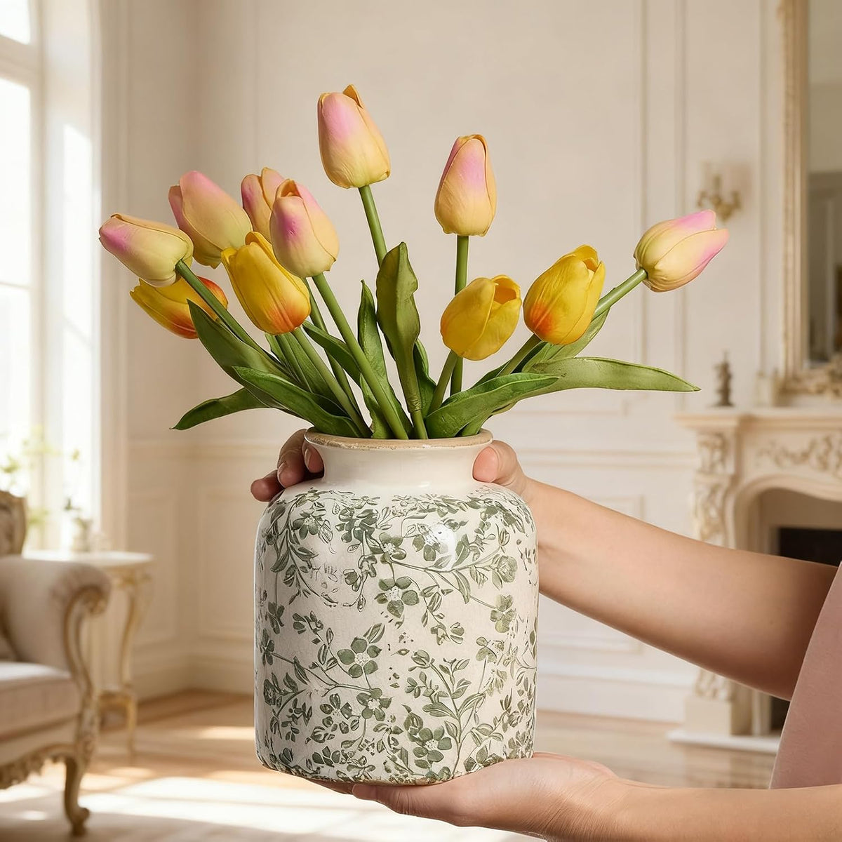 Vintage Chinoiserie Ceramic Vase, Green Flower Vases for Home Decor, 6.2in