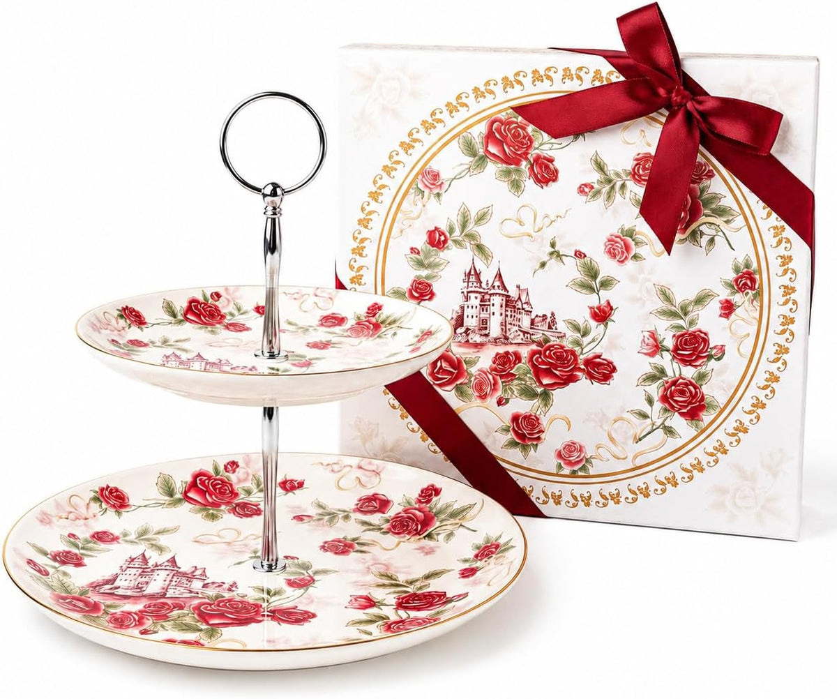 Rose Floral 2-Tier Serving Stand, Ceramic Cupcake & Dessert Tray