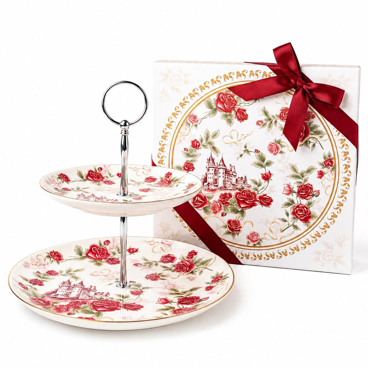 Rose Floral 2-Tier Serving Stand, Ceramic Cupcake & Dessert Tray