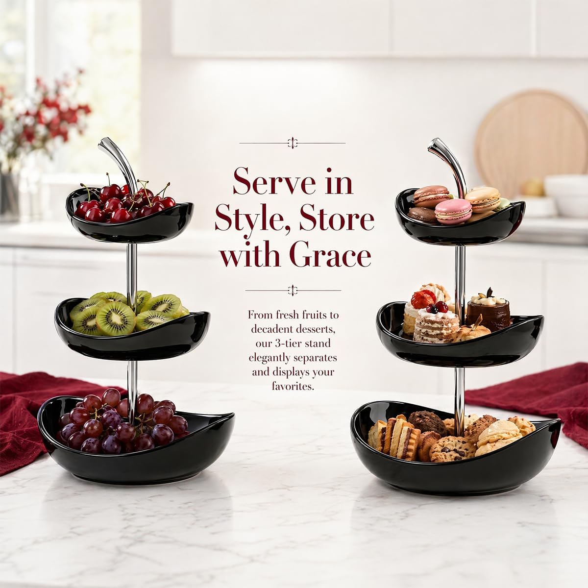 3-Tier Layer Cherry Shaped Ceramic Fruit Bowl，7 inch Color contrastingSnack，FruitPlate,Dessert Bowl,Modern Decorative Serving Platter for Coffee Table SnackPlate Pastry Plate