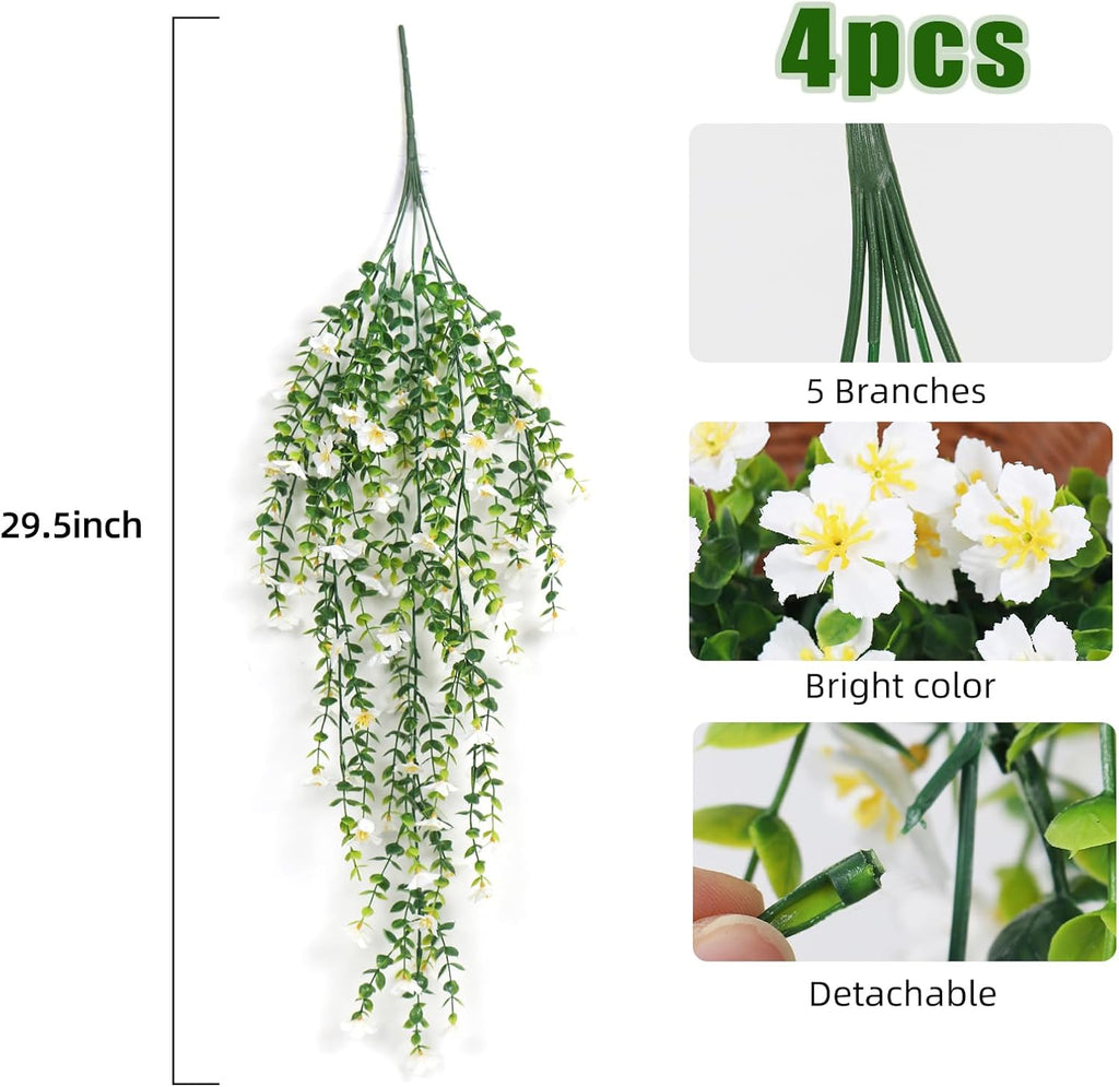 RECUTMS 4Pc Artificial Flowers for Outdoor Fake Hanging Plants White