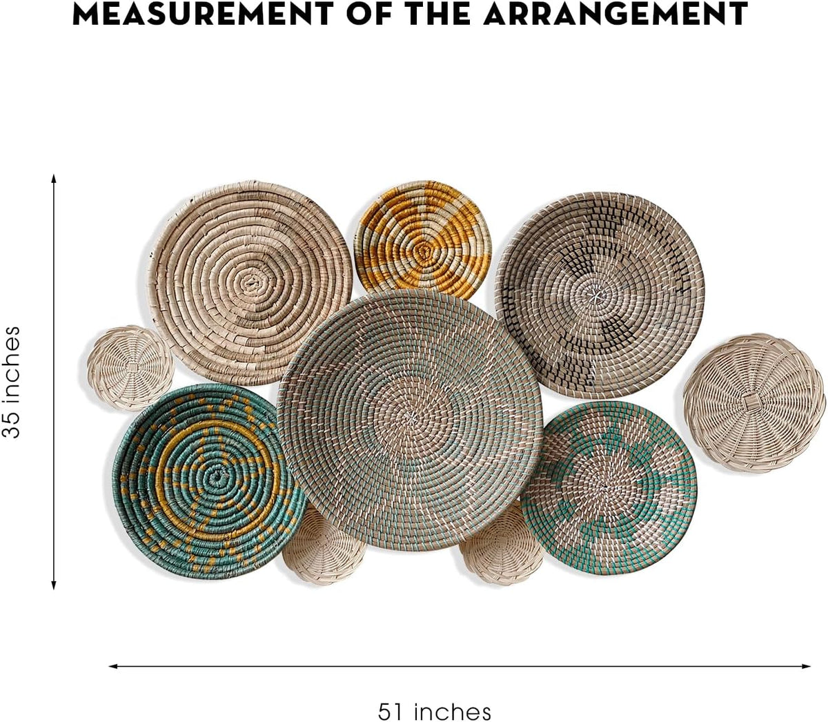 Wicker Basket Wall Decor Set of 10 with Loops, Seagrass, Handmade