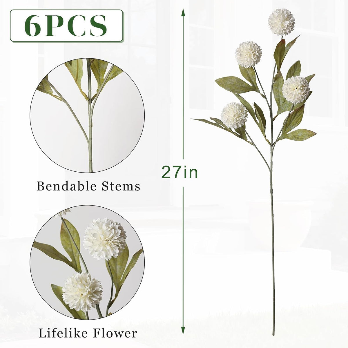 6Pcs 27"Artificial Pompon Mum Stems Silk Flowers for Vase Decor(Cream)