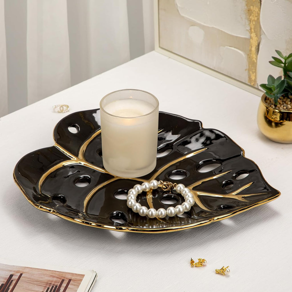 Ceramic Leaf Shaped Decorative Tray, Black Gold Monstera Leaf Plate 12.6"x11" for Jewelry, Keys, Snack, Candle Holder, Modern Table Centerpiece Home Decor