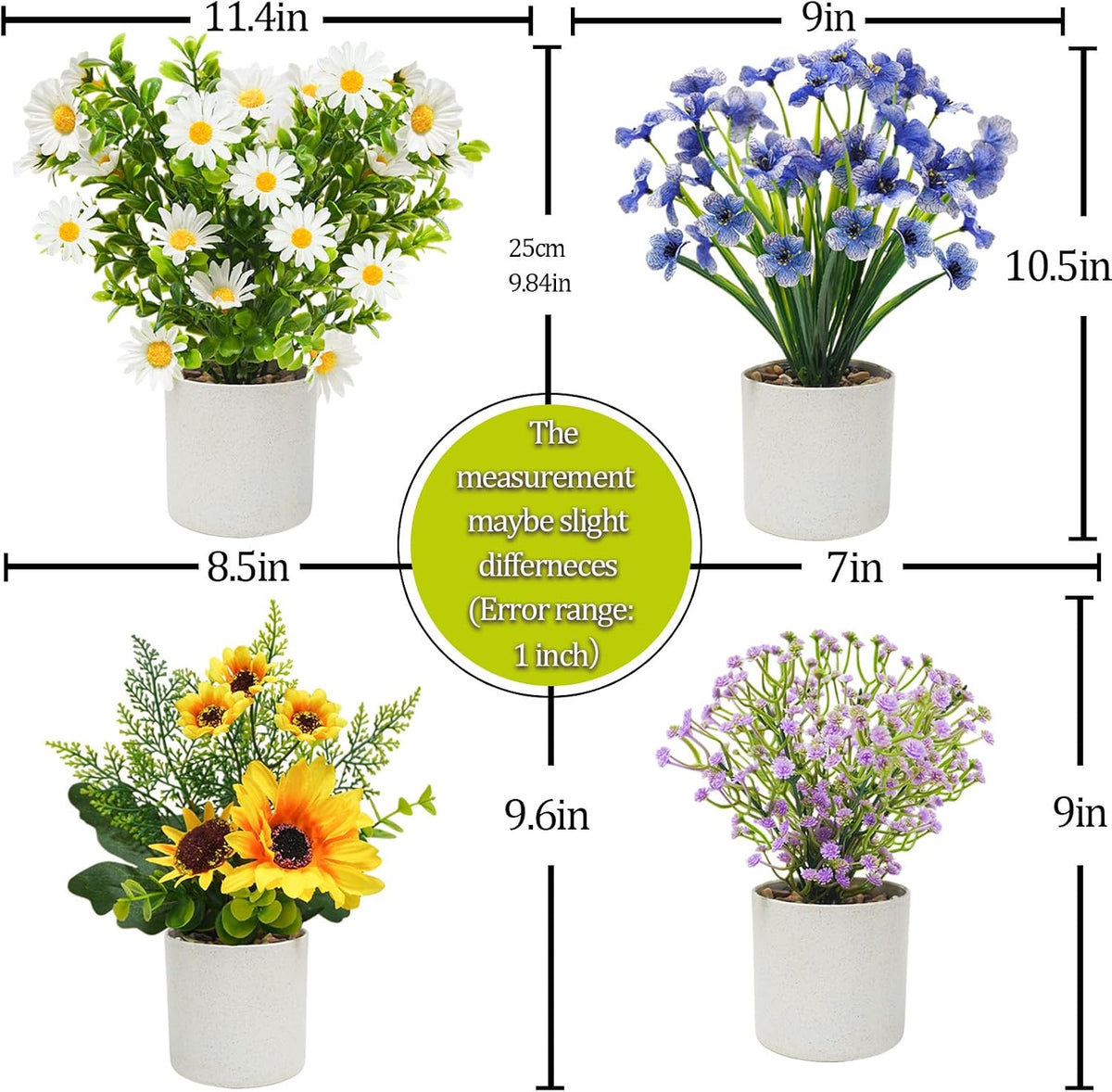 4 Packs Small Artificial Flowers in Pot, All-in-One Floral Decor,Colorful