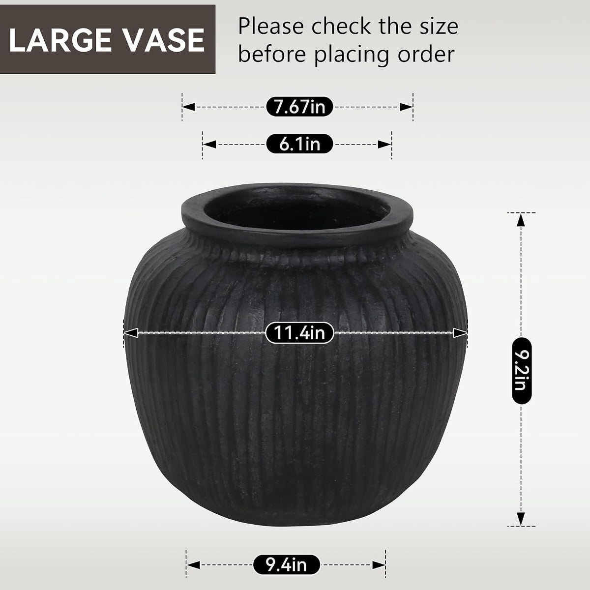 Oakrain Large Vase with Vertical Ribbed Texture, 11" Black Round Vase
