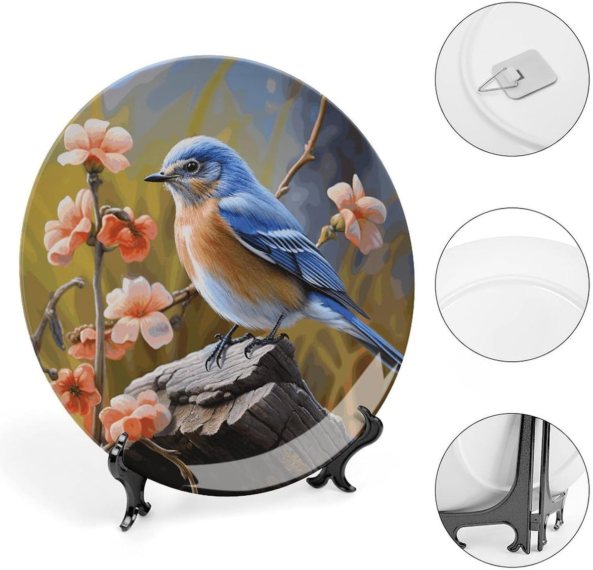 Bone China Decorative Plate Elegant Home Decor Plate Cute Eastern Bluebird Printing Wall Hanging Plate For Home Office Decor