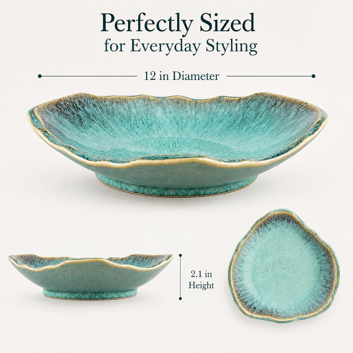 Green Ceramic Decorative Bowl – 12 In Fruit Bowl, Candy Dish, Key Bowl for Entryway Table, Trinket Dish, Ring Dish, Jewelry Tray, Porcelain Catchall for Kitchen, Bedside, Living Room Home Decor