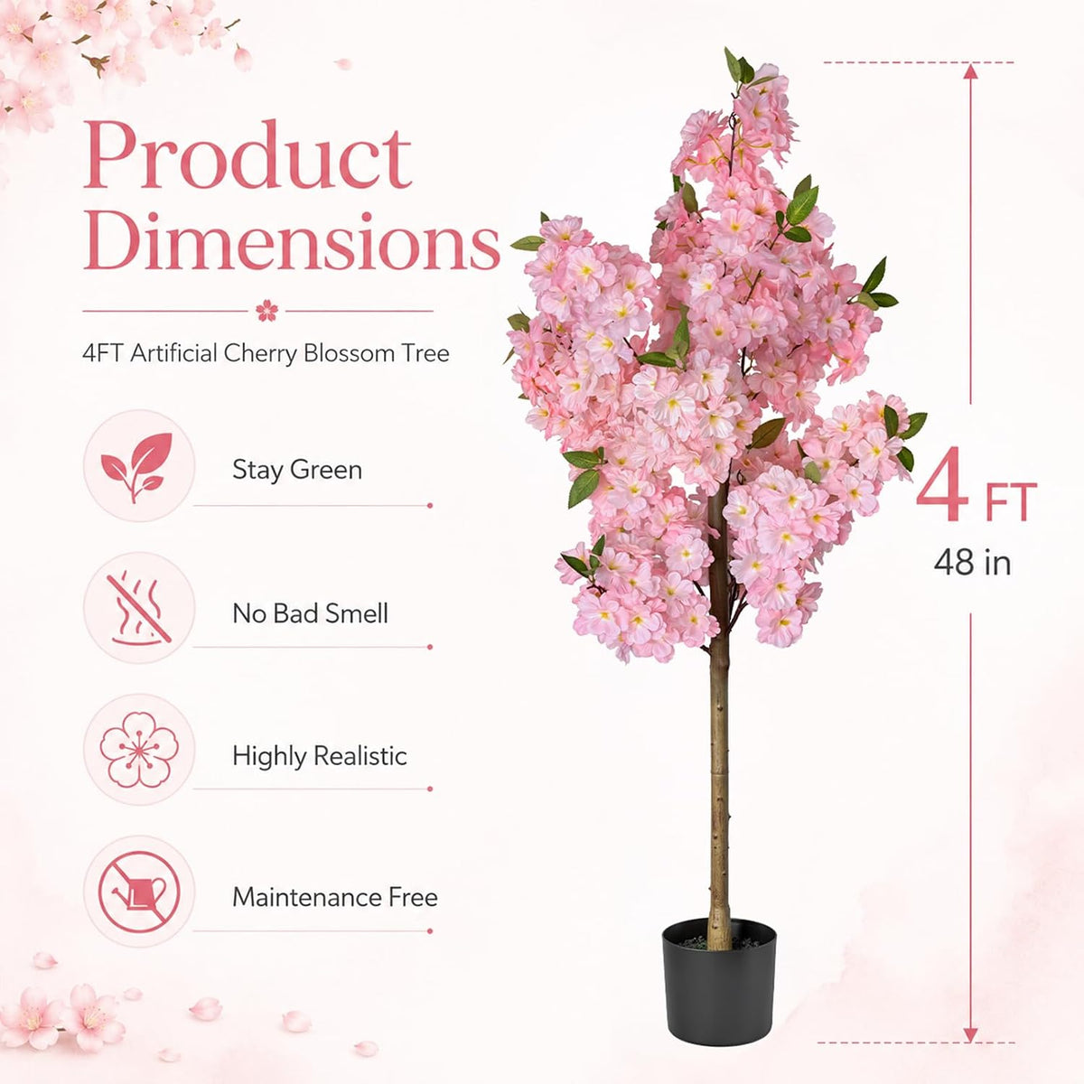 Cherry Blossom Tree 4FT Artificial Plants Indoor - Reinforced Spiral Connection Base & Anti-Shedding Silk Sakura Flowers, Faux Pink Tree for Living Room Home Office Bedroom Decor
