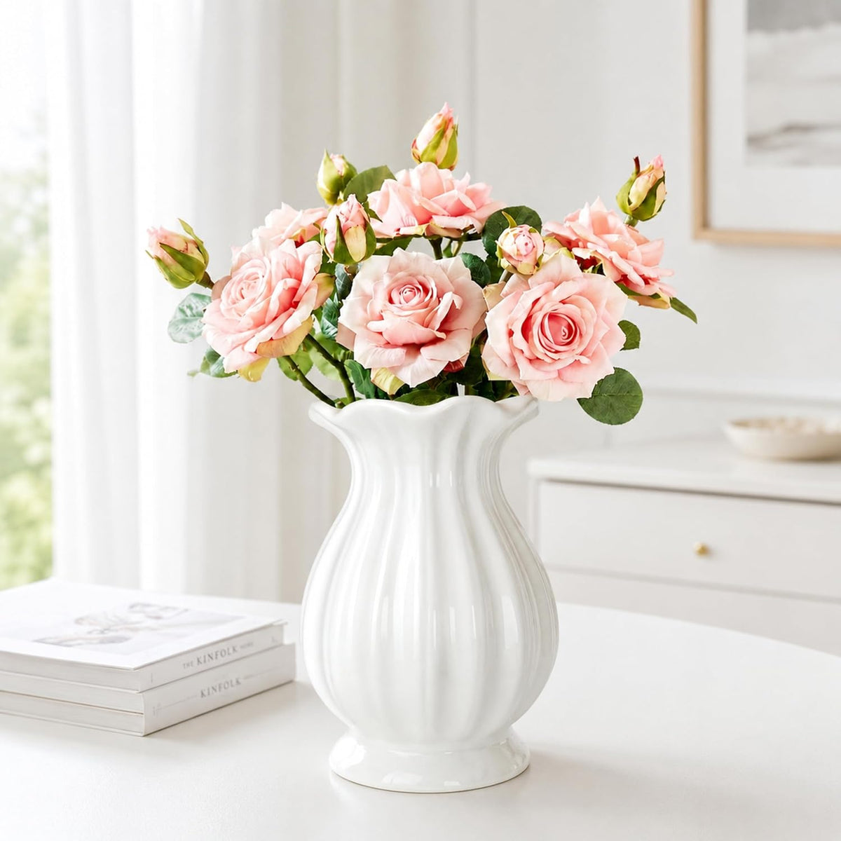 White Ceramic Vase, 7.8 Inch Farmhouse Flower Vase for Home Decor