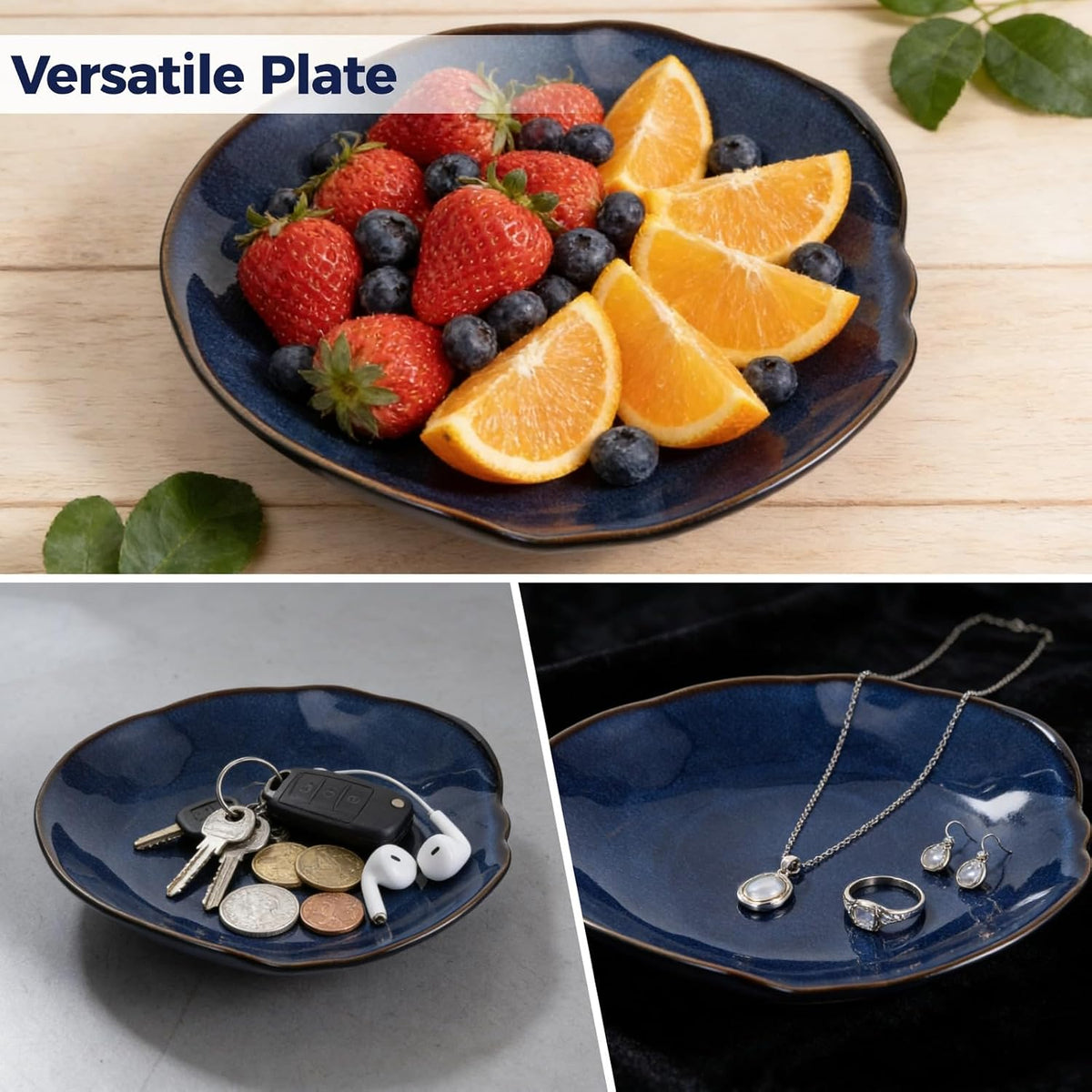 Blue Ceramic Decorative Bowl, Irregular Fruit Plate, Ocean Inspired Porcelain Serving Tray, Glaze Trinket Dish for Kitchen Counter, Entryway Table, Microwave & Dishwasher Safe