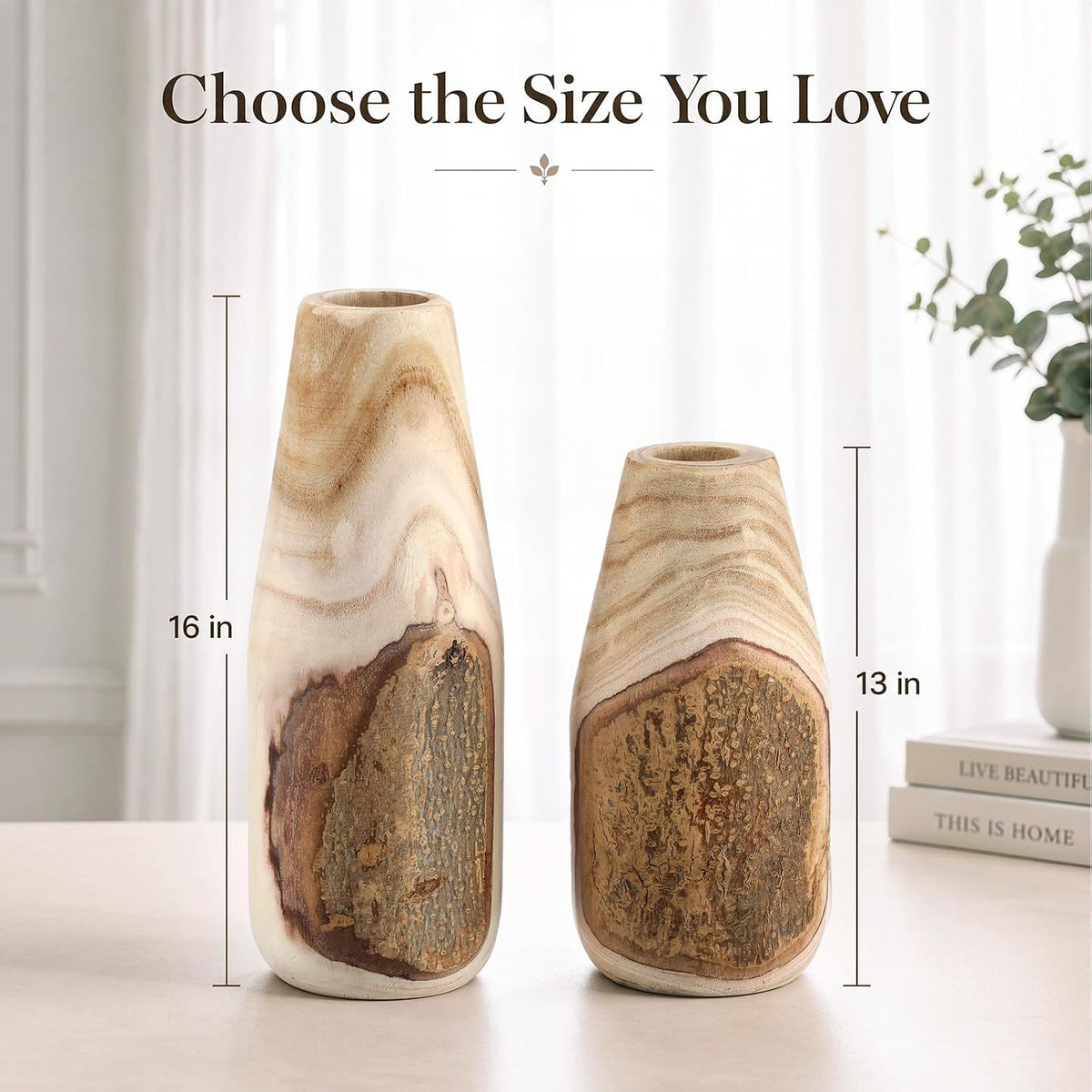 2 Pcs Paulownia Wooden Rustic Vase Live Edge 13", 16" H Floor Vase