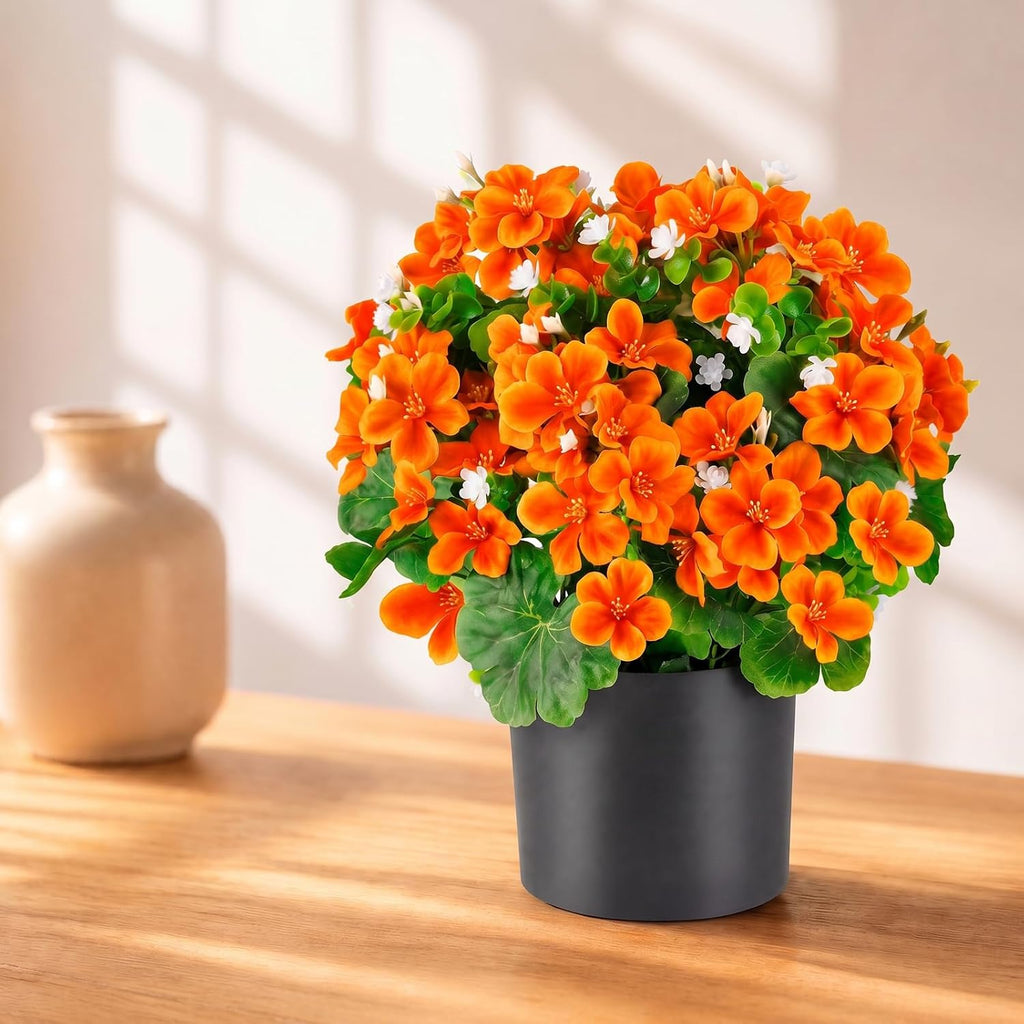 15'' Fake Plants Artificial Geranium Flower in Pot Fall Décor(Orange)