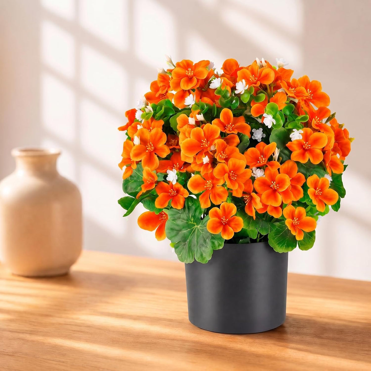 15'' Fake Plants Artificial Geranium Flower in Pot Fall Décor(Orange)