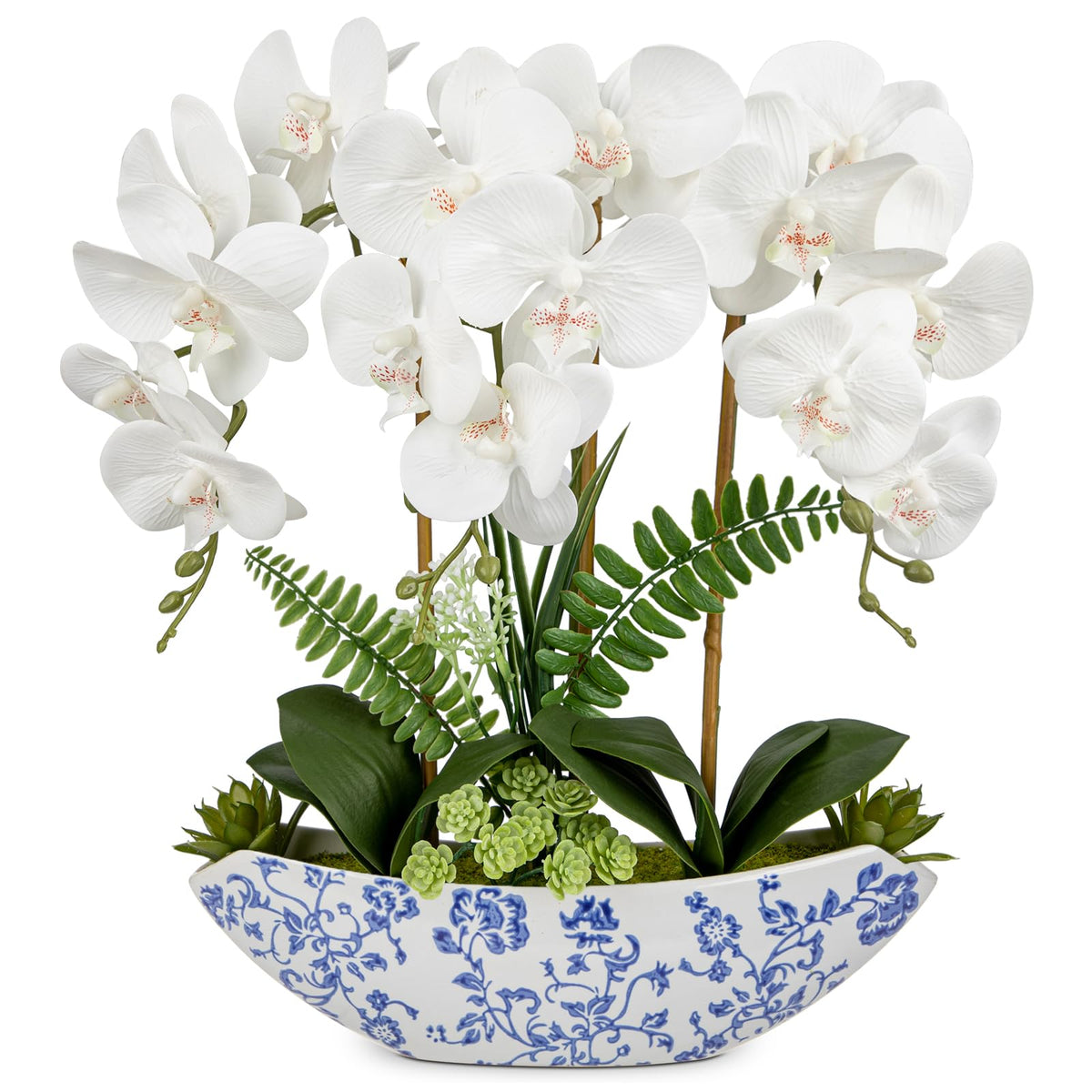 Briful Orchid Artificial Flowers 18in White Fake Orchid Silk Flowers with Ceramic Pot Faux Orchid Arrangement for Home Office Room Coffee Table Centerpiece Modern Decoration
