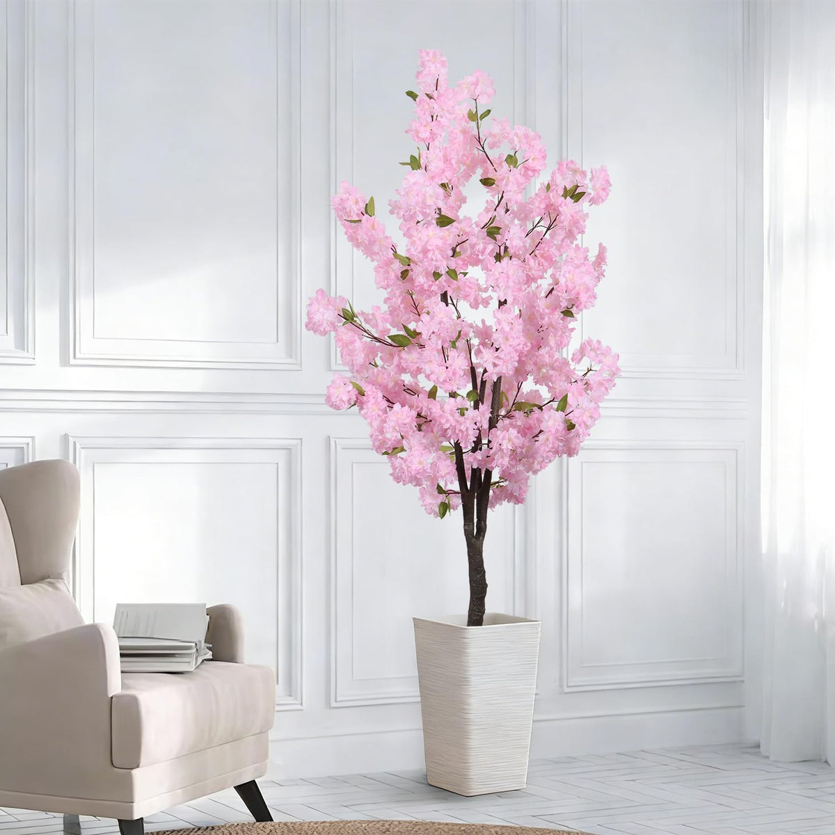 Artificial White Cherry Blossom Tree 6ft(72in) Faux Plant for Indoor Decor