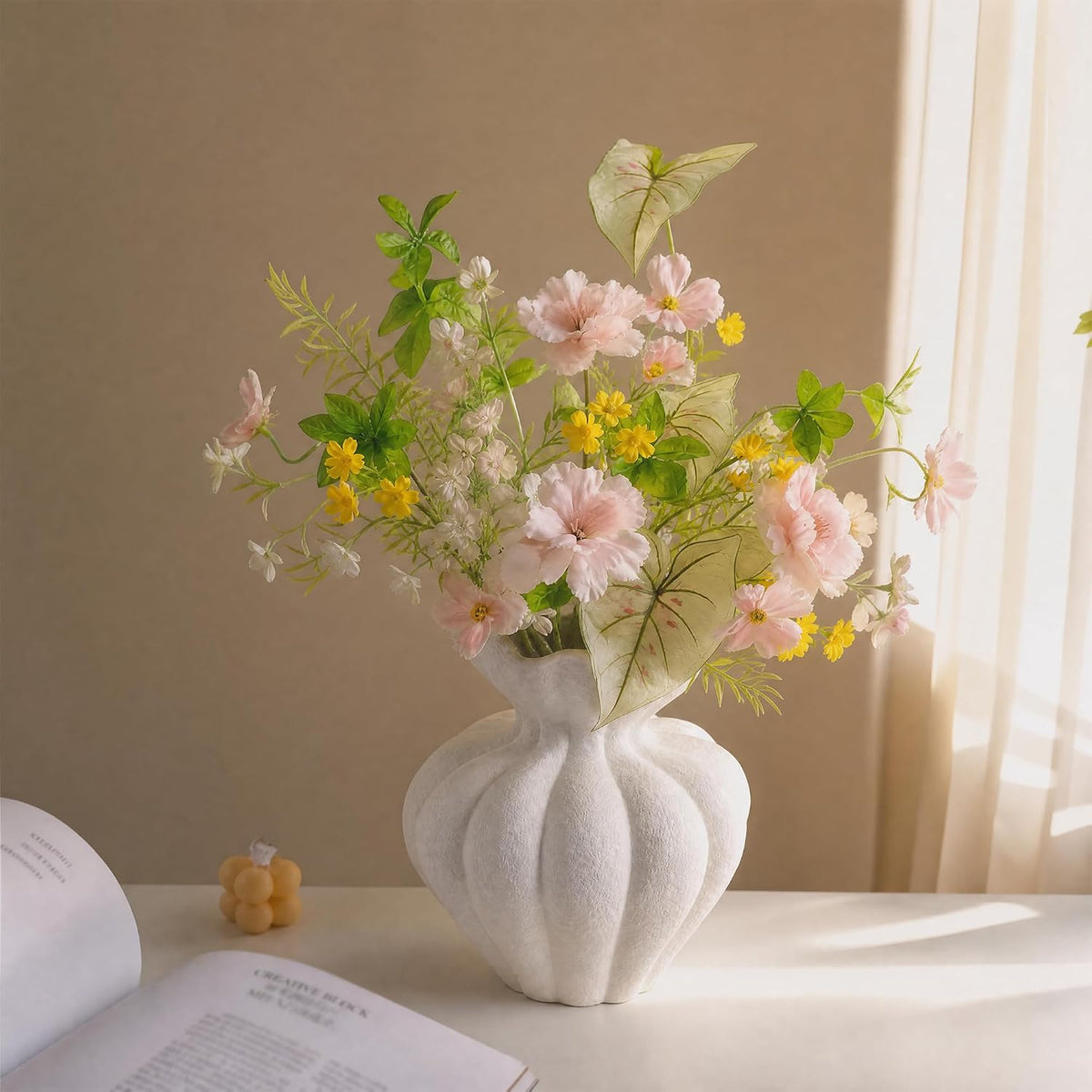 Sylve Ceramic Flower Vase Home Decor, 8.27 Inch White Textured Flower Shaped Vase, Handmade Modern Minimalist Decor for Table Centerpiece Living Room