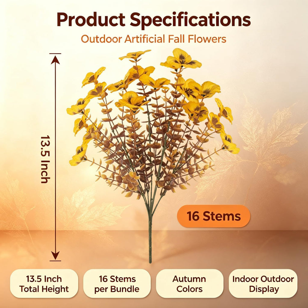 16 Artificial Pansy Faux Fall Flowers Outdoor UV Resistant No Fade Yellow