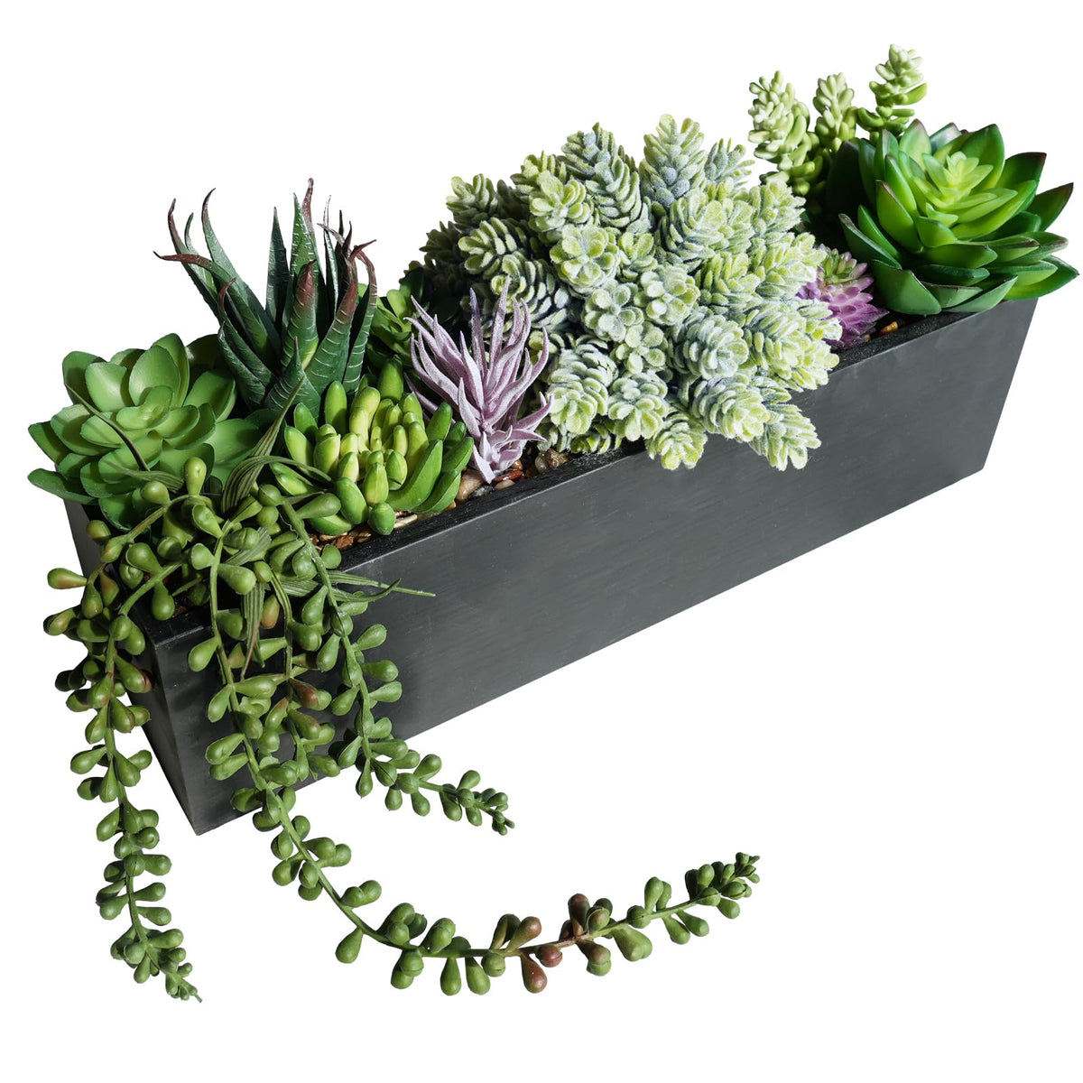 Winlyn 14" Artificial Boxwood Plant Greenery Arrangement Faux Boxwood in Black Rectangular Wooden Planter Potted Herb Plant for Farmhouse Home Decor Wedding Windowsill Mantel Shelf Table Centerpiece