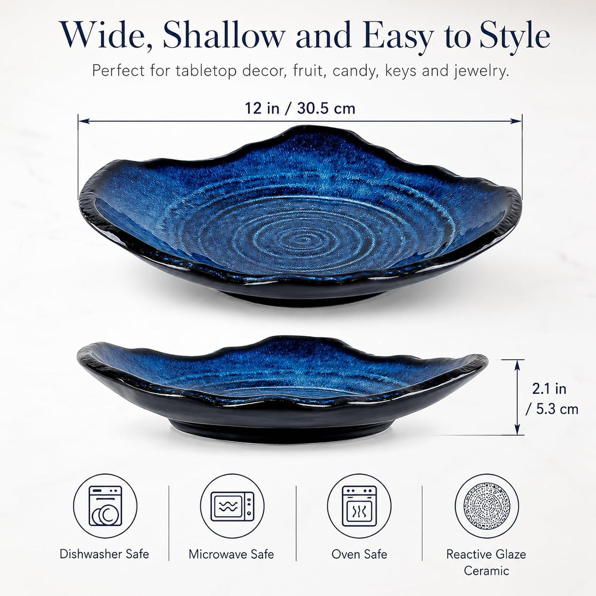 Ceramic Decorative Bowl - 12" Large Blue Pottery, Blue Decorative Bowl, Porcelain Centerpiece Tray, Key Bowl for Entryway Table, Living Room, Dining, Trinket Dish, Gift Decor Tray