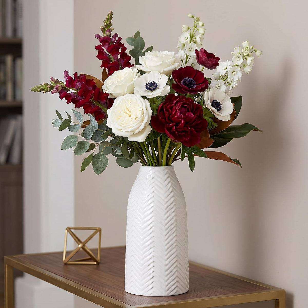 hjn White Vase for Flowers Ceramic Vase for Decor, Modern Decorative Tall Vases for Your Kitchen/Office/Living Room/Bookshelf/Mantel - White Texture(Medium)