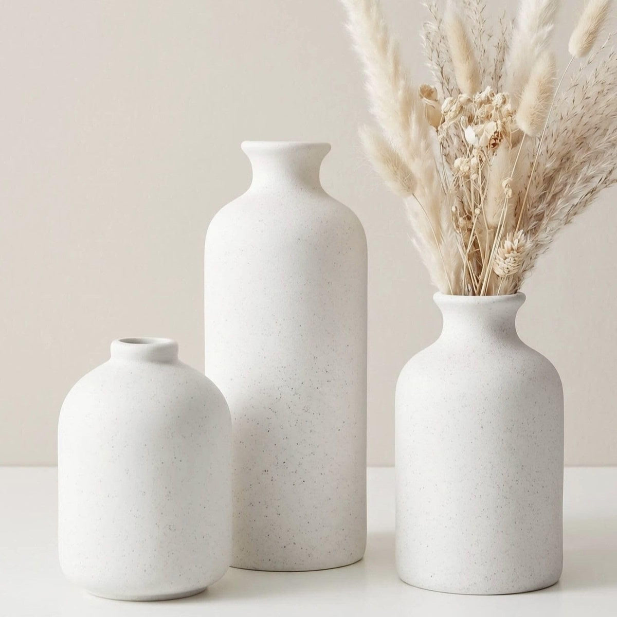 Small Beige Ceramic Vase Set of 3,Modern Boho Farmhouse Flowers Vases